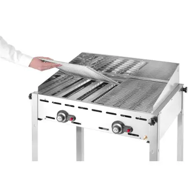 Plynový gril Green Fire 2 hořáky, HENDI, Profi Line, Smaltovaná litinová plotýnka a mřížka o velikosti GN 1/1, 11,6kW, 740x615x