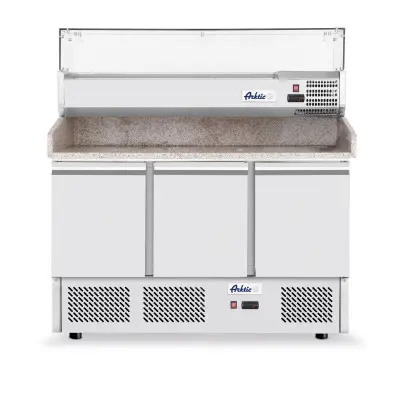 Třídveřový chladicí vozík na pizzu se skleněným nástavcem a žulovou pracovní deskou, Arktic, 254L, 230V/400W, 1400x700x