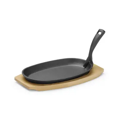 Litinový talíř s dřevěnou podložkou a úchytem, HENDI, Černá, 280x140x(H)30mm | 629383