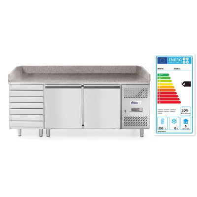 Dvoudveřový chlazený pizza stůl se 7 zásuvkami a žulovou pracovní deskou, Arktic, 250L, 230V/250W, 2020x802x(H)1000mm | 232842