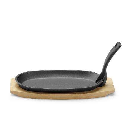 Litinový talíř s dřevěnou podložkou a úchytem, HENDI, Černá, 280x140x(H)30mm | 629383