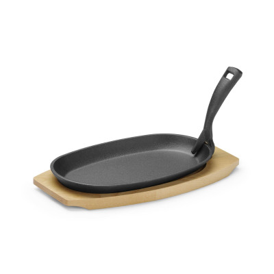 Litinový talíř s dřevěnou podložkou a úchytem, HENDI, Černá, 280x140x(H)30mm | 629383