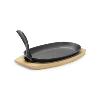 Litinový talíř s dřevěnou podložkou a úchytem, HENDI, Černá, 280x140x(H)30mm | 629383