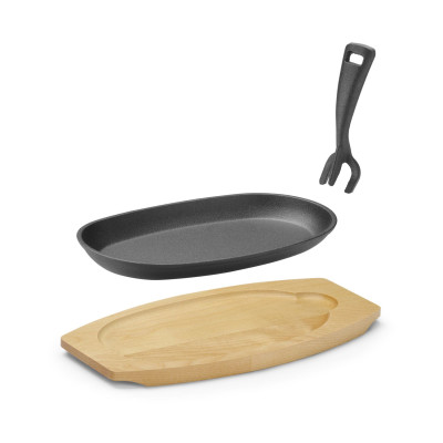 Litinový talíř s dřevěnou podložkou a úchytem, HENDI, Černá, 280x140x(H)30mm | 629383