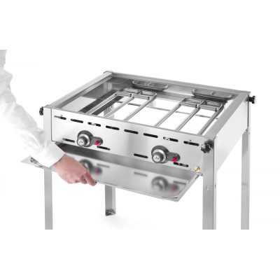 Plynový gril Green Fire 2 hořáky, HENDI, Profi Line, Smaltovaná litinová plotýnka a mřížka o velikosti GN 1/1, 11,6kW, 740x615x