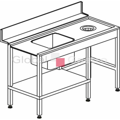 Stůl vstupní s dřezem s odpadním otvorem a policí 1500 x 730 x 850 mm | KROMO 8644294