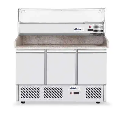Třídveřový chladicí vozík na pizzu se skleněným nástavcem a žulovou pracovní deskou, Arktic, 254L, 230V/400W, 1400x700x